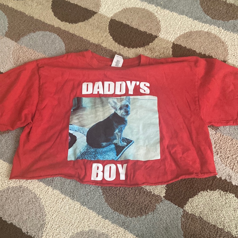 A dog’s red crop top
